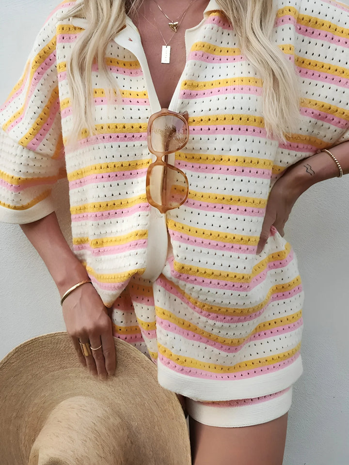 "Caleigh two-piece striped outfit made for summer leisure, featuring a relaxed fit top and drawstring shorts in a breezy,…