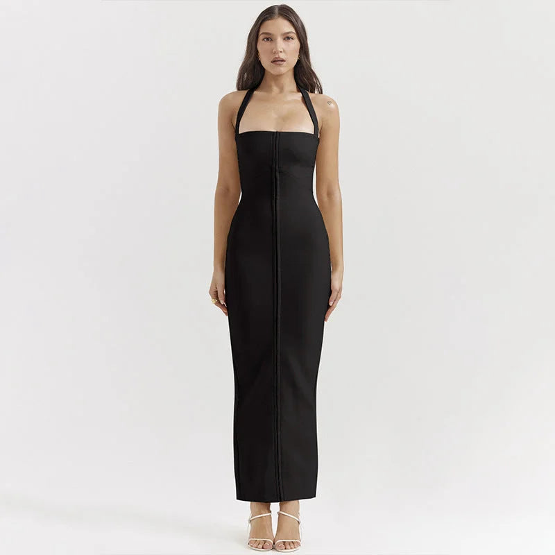 Sleeveless fitted maxi dress in navy blue with a front zipper. Made with premium stretch fabric for a flattering and…