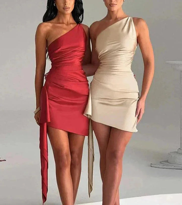Black one-shoulder dress with draped detail, featuring an asymmetrical design. crafted from polyester blend fabric.