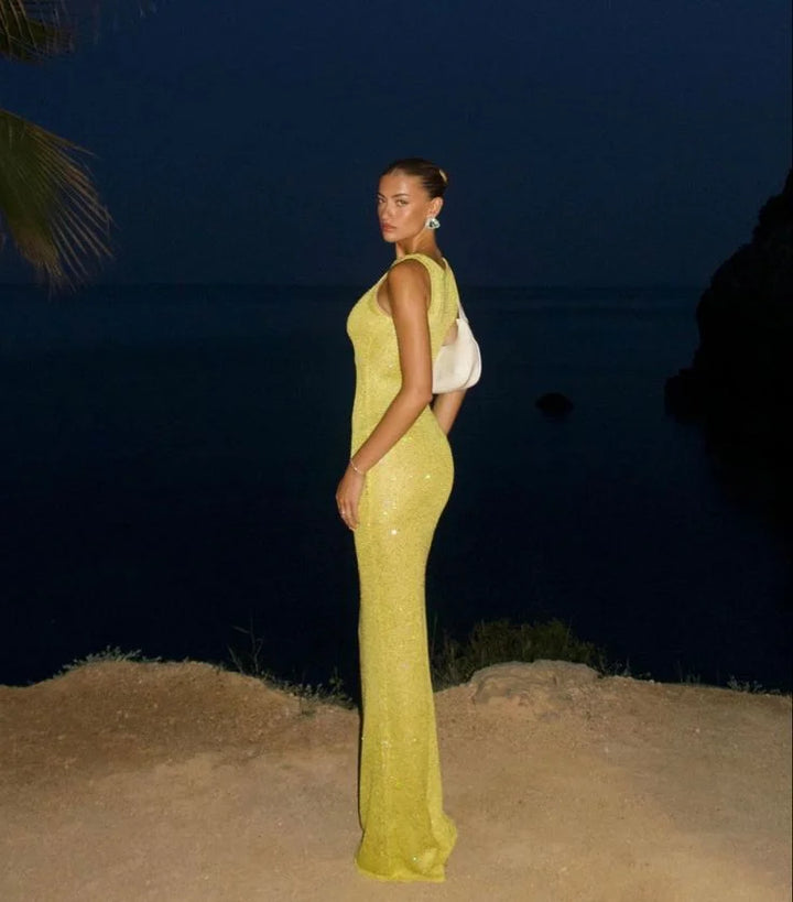 "Jacquelyn sleeveless maxi dress in sparkling fabric, perfect for evening events"