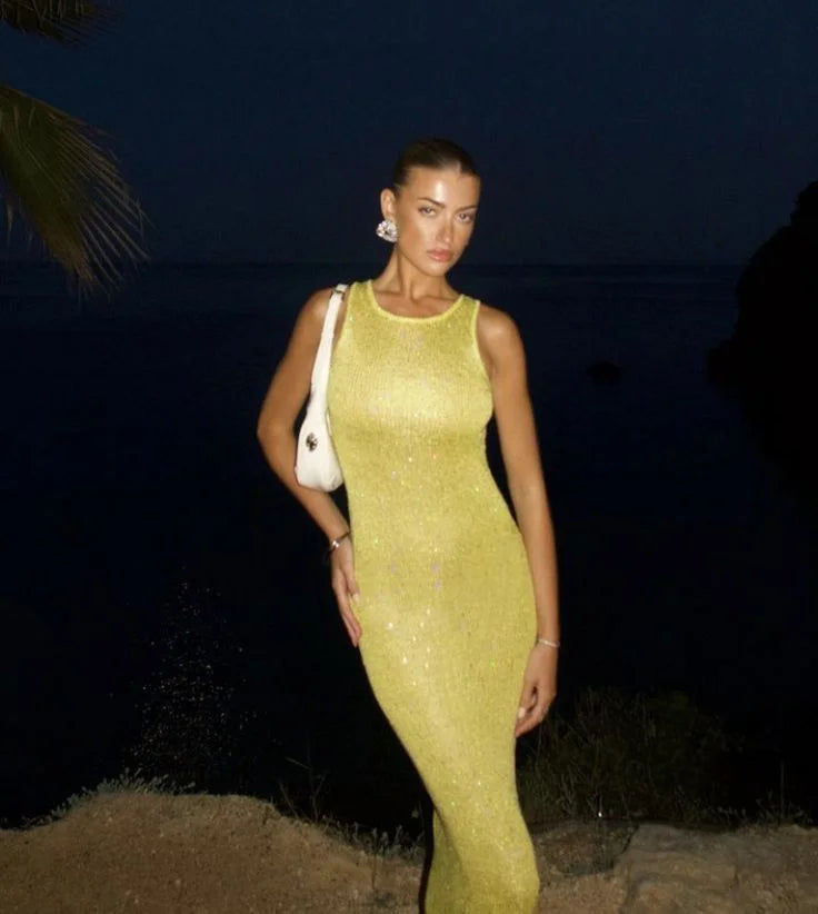 Sleeveless sparkling maxi dress in Stormy with sequin embellishments, perfect for evening gatherings.