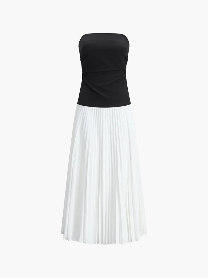 Strapless pleated maxi dress in two-tone with a unique design and flowy silhouette.