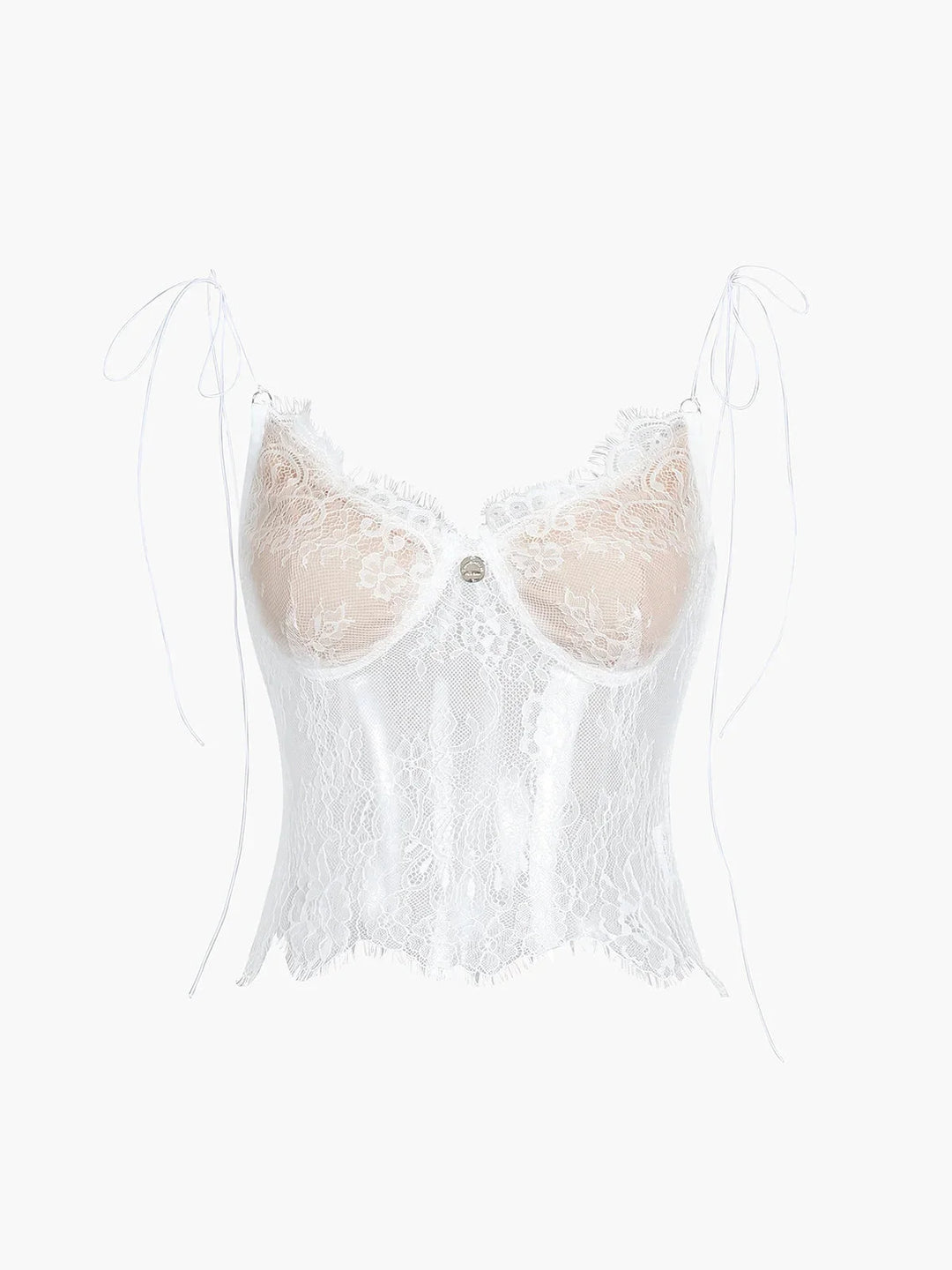 White lace camisole top with adjustable straps by Lynnox. Feminine and delicate design perfect for layering or wearing on…