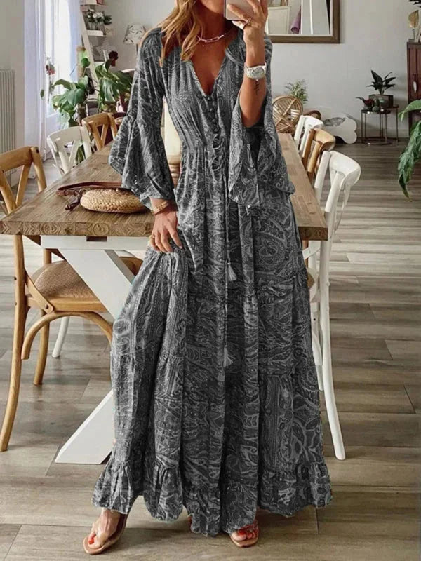 "Channing Grey Bohemian dress with flared sleeves, detailed embroidered pattern, soft and flowy fabric, perfect for casual…