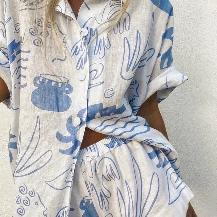"Harleigh white and blue patterned set, textured fabric with geometric details, perfect for adding a pop of color to your…