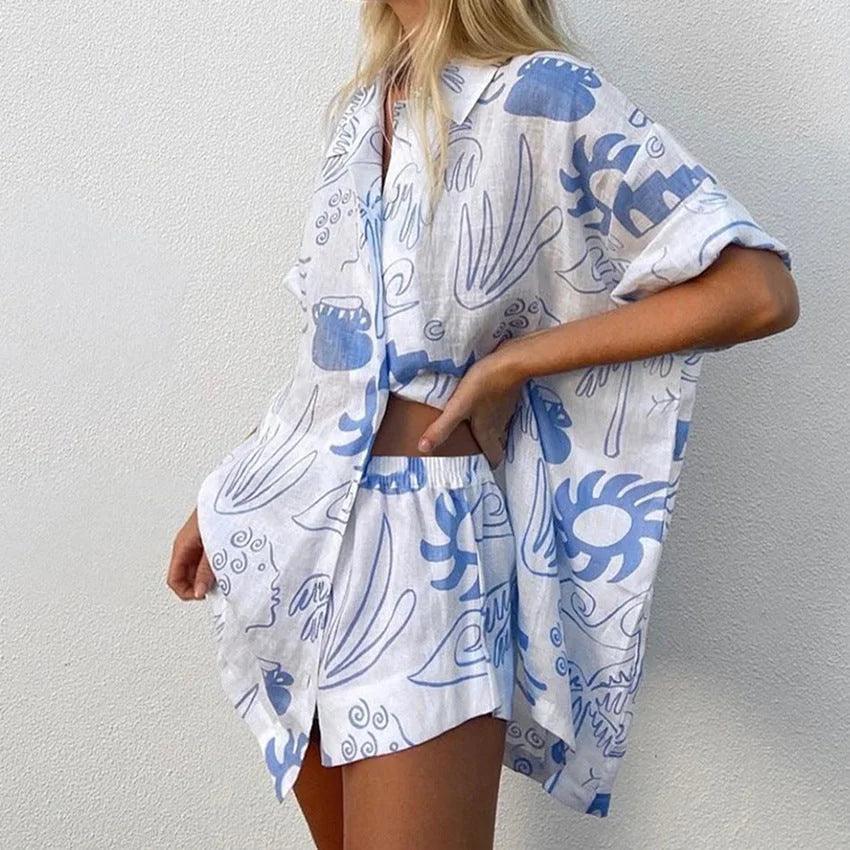 Harleigh - White and blue patterned set showcasing a stylish geometric design on soft, durable fabric.