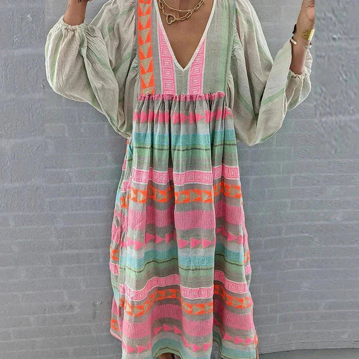 "Striped cotton maxi dress in pastel tones, perfect for a summery look, featuring a breezy design by Ellory."