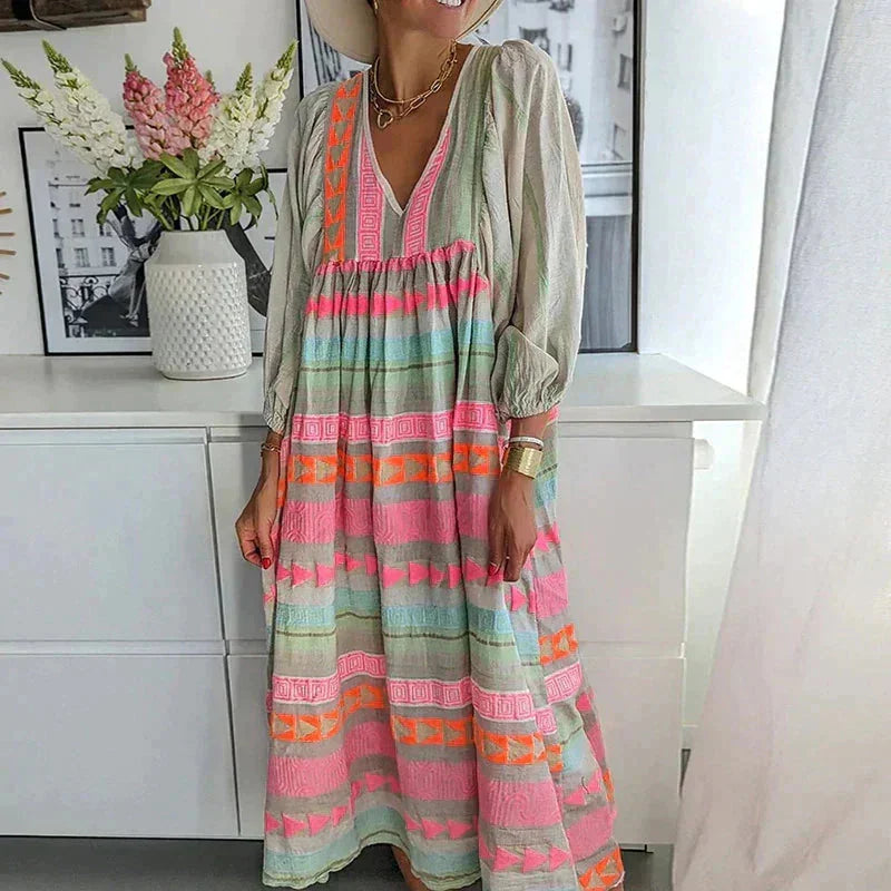 "Ellory striped maxi dress in cotton with pastel tones, featuring green, orange, and pink colors. Ideal for casual and…