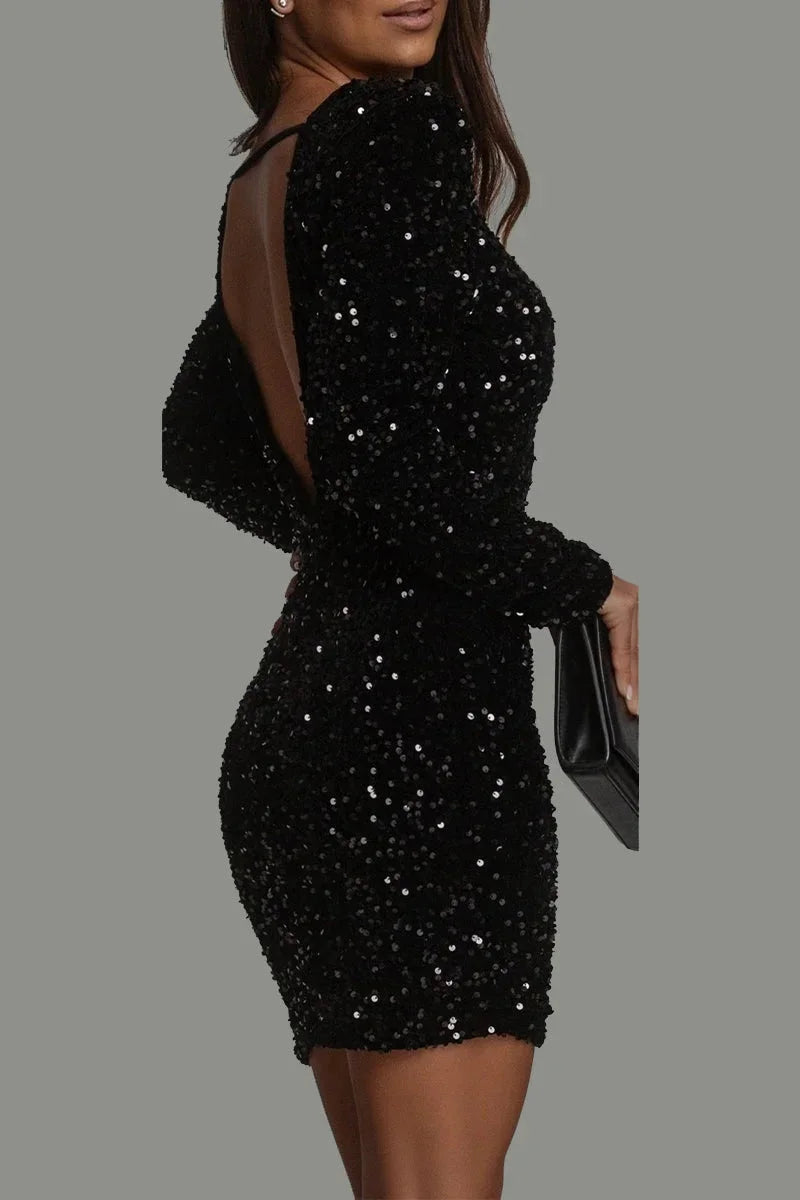 Shimmering sequin-embellished open-back mini dress in a stunning Elin design.