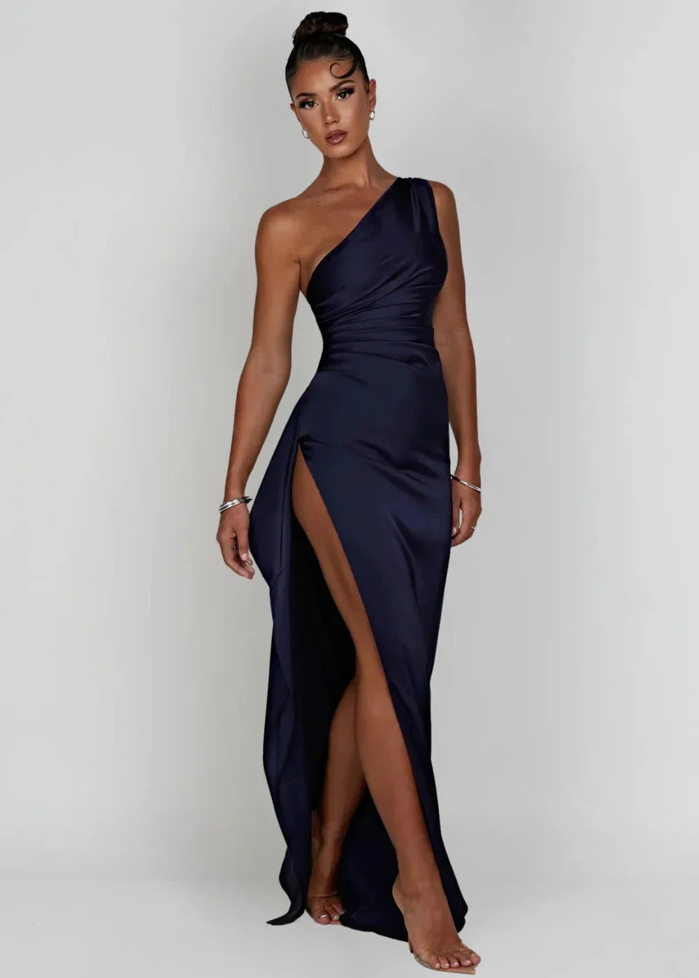 Blue satin dress with one-shoulder design and slit, elegant and chic option for evening wear.