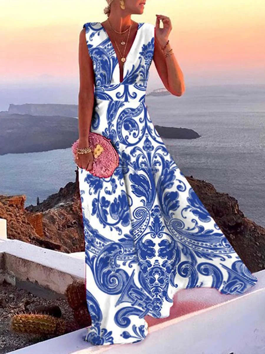 Blue sleeveless dress with V-neckline, made with soft cotton blend fabric. Features a flattering silhouette and stylish…
