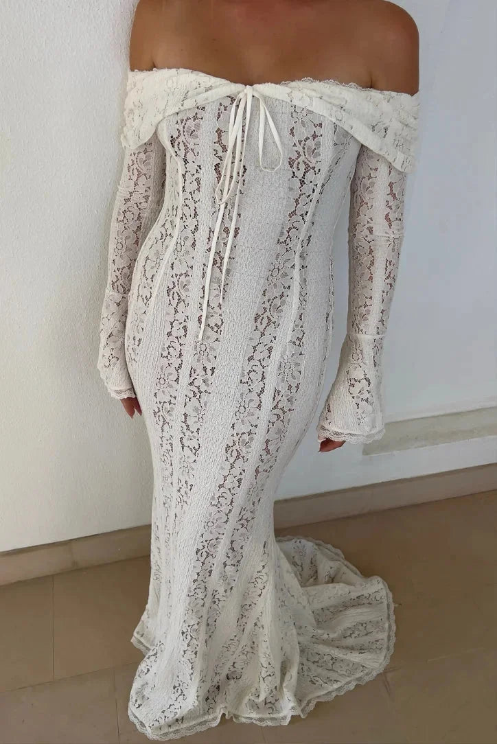 "Hallee off-shoulder dress in ivory lace with bell sleeves, elegant and feminine design perfect for special occasions."