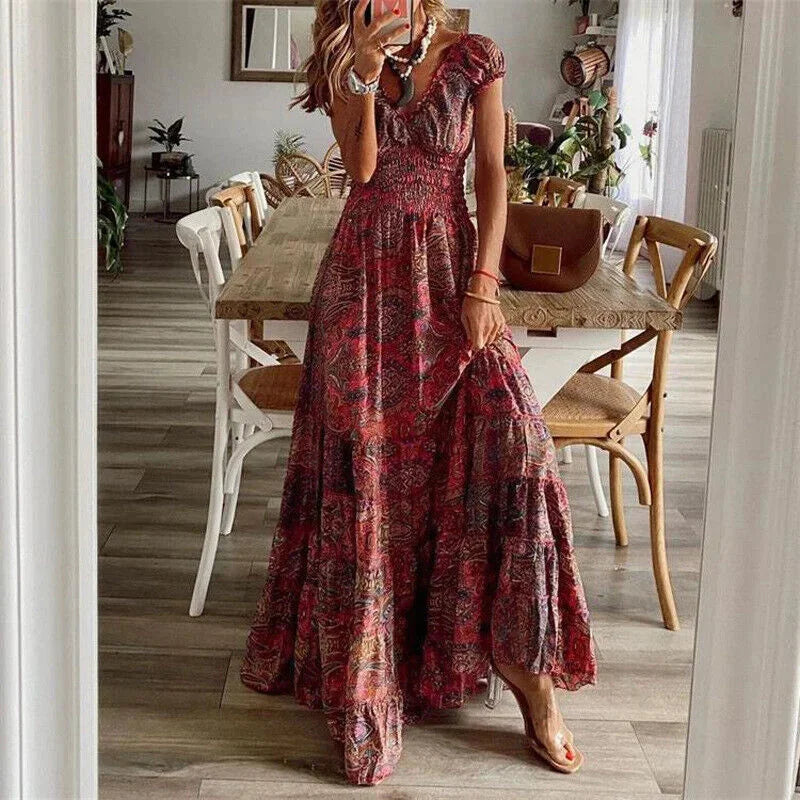 Bree Red Tiered Boho Dress sleeve detailing, relaxed fit, V-neck design, ideal for casual chic look, lightweight and…