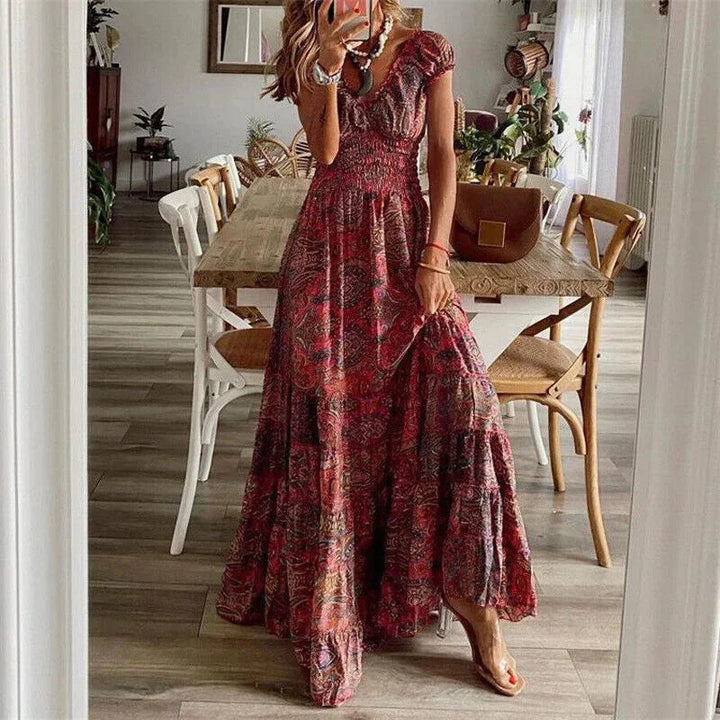 Bree Red Tiered Boho Dress sleeve detailing, relaxed fit, V-neck design, ideal for casual chic look, lightweight and…