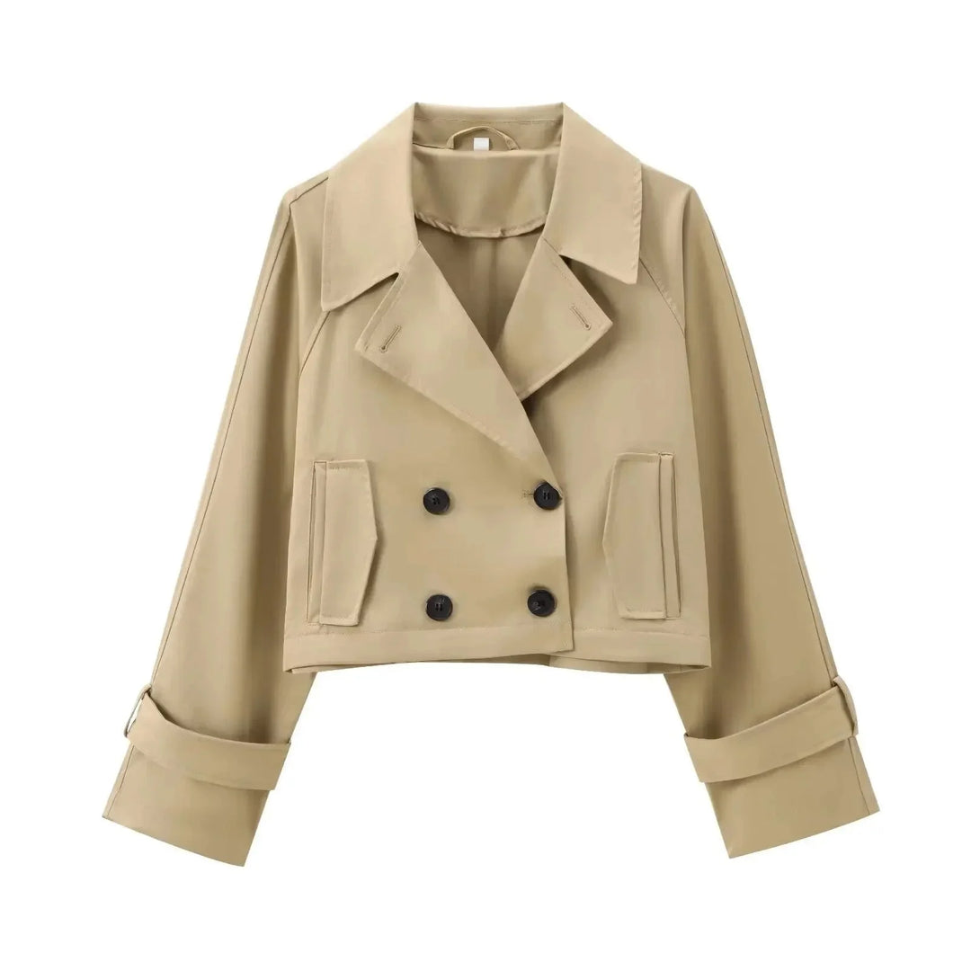 Dark Meredith trenchcoat with cropped fit, stylish button detailing, perfect for a chic and polished look.