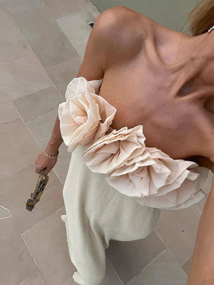 Cream floral off-shoulder evening dress by Ellieanna, featuring a delicate floral pattern on the off-shoulder design.