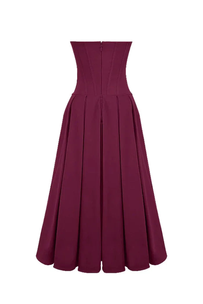 Strapless corseted A-line midi dress by Camryn in black velvet with lace-up details on bodice, perfect for formal occasions.
