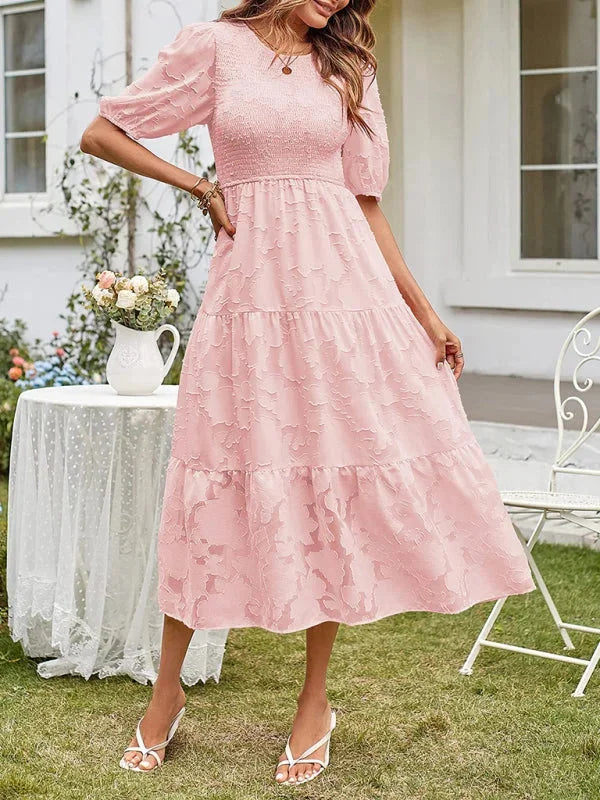 Floral textured tiered midi dress with romantic flounce sleeves and a cinched waist by Emily.