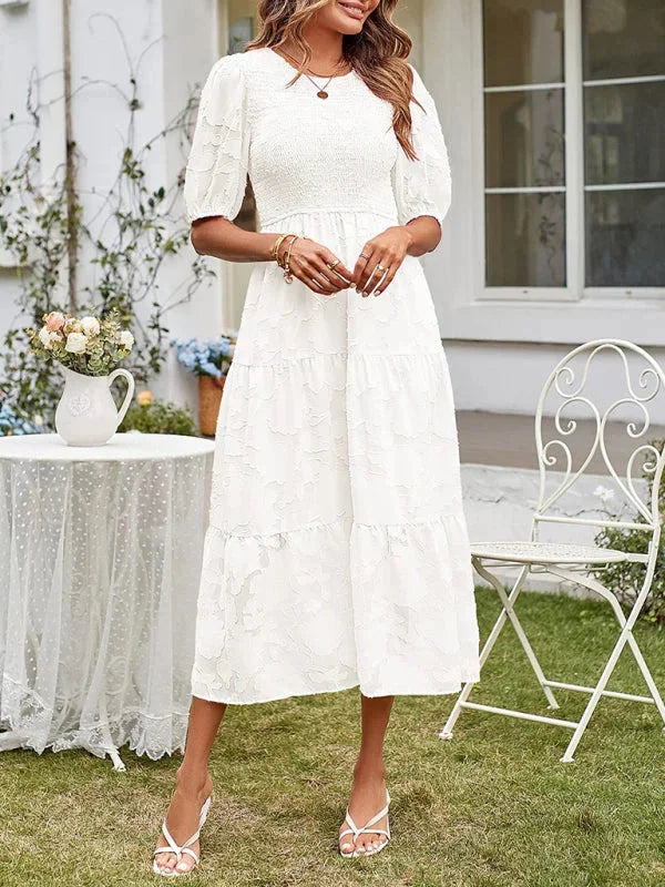 "Emily textural tiered midi dress with floral pattern, perfect for a day out in soft and breathable fabric."