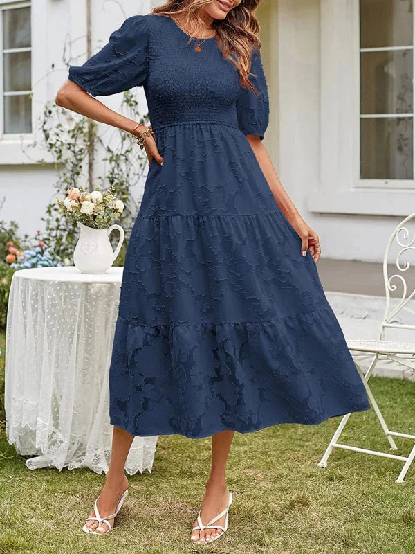 "Women's floral textured tiered midi dress with a Avanna and intricate design"