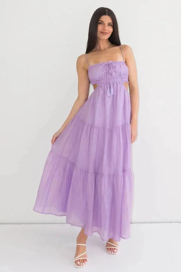 "Jaela women's maxi dress in Purple, featuring tiered design with a flowy silhouette in a soft, breathable fabric."