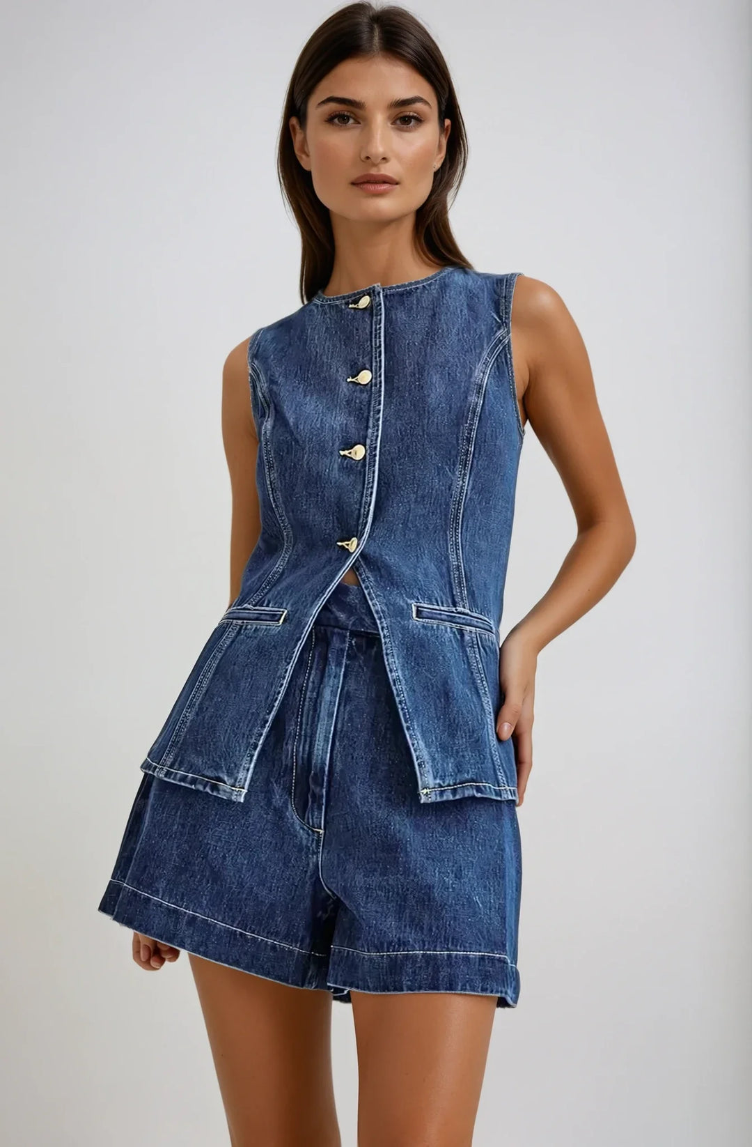 Sleeveless denim romper with buttoned front, featuring a relaxed fit and side pockets by Halstyn - perfect for casual…
