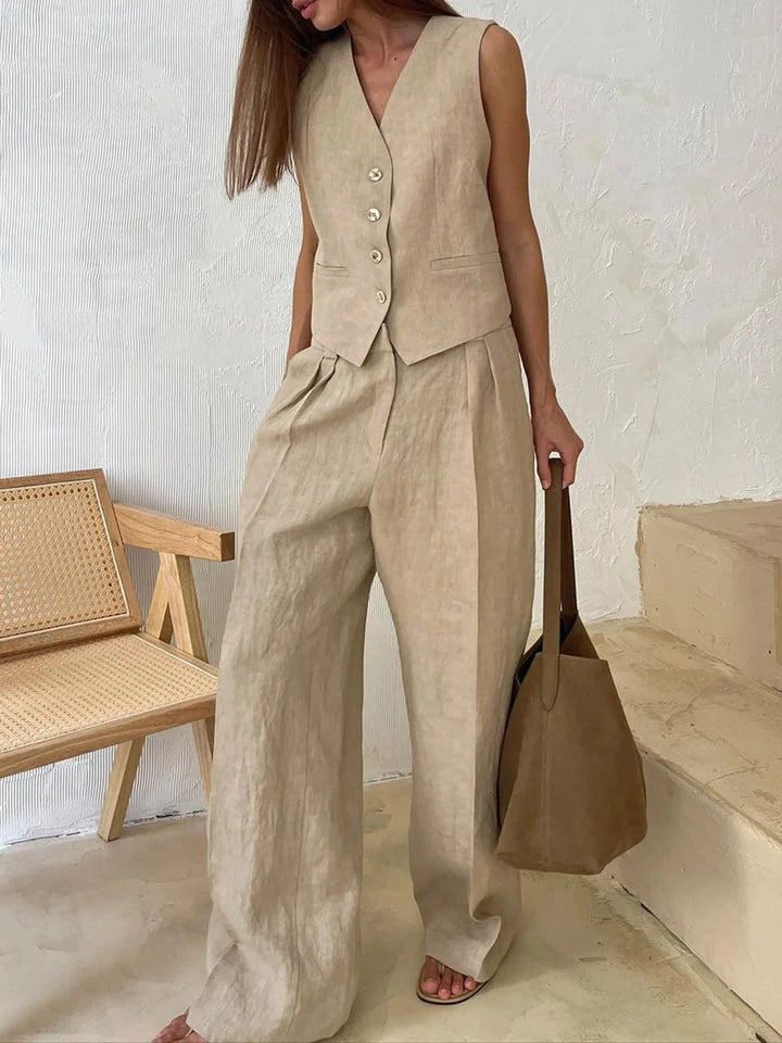 Khaki sleeveless top and wide-leg pants set in Beautiful fabric with a relaxed fit and elegant design.