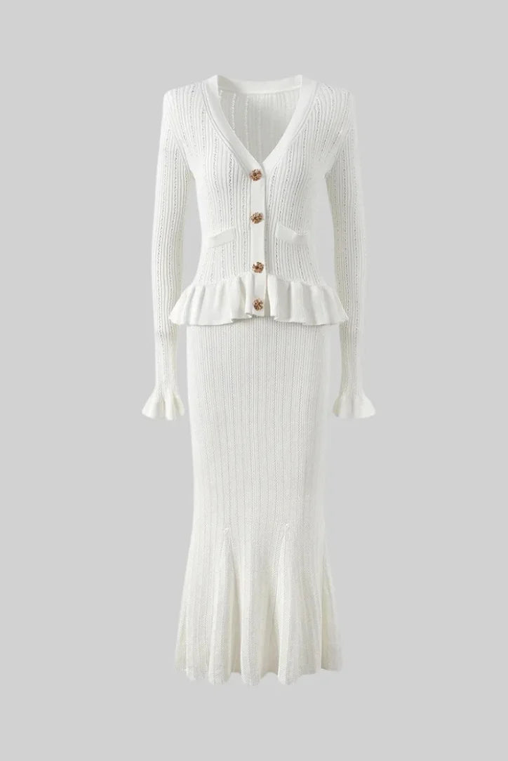 "Fashionable women's knitwear ensemble with snug fit, ribbed texture, and crew neckline in warm earth tones."