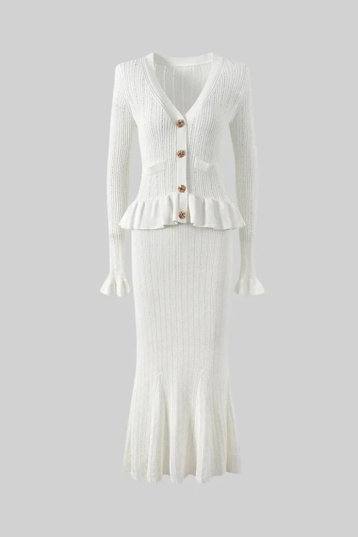 "Fashionable women's knitwear ensemble with snug fit, ribbed texture, and crew neckline in warm earth tones."