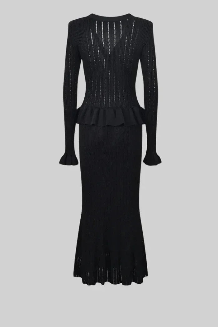 "Women's fitted knitwear ensemble in soft wool blend with ribbed texture, long sleeves, and high neckline from Nancy."