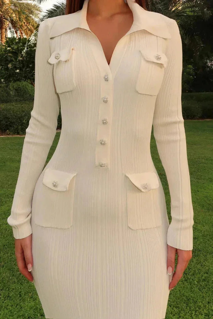 Ribbed midi dress in Ashlynn with button details, perfect for casual chic looks.