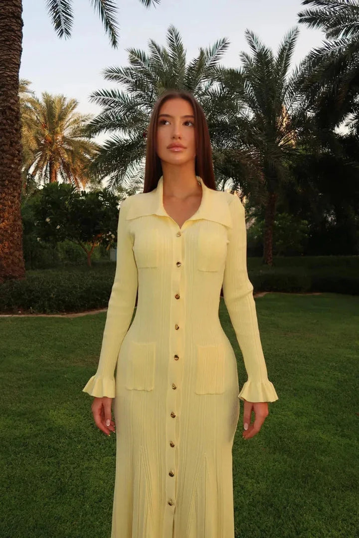 Butter yellow ribbed dress with button details by Ashlynn, showcasing a chic and sophisticated design perfect for everyday…
