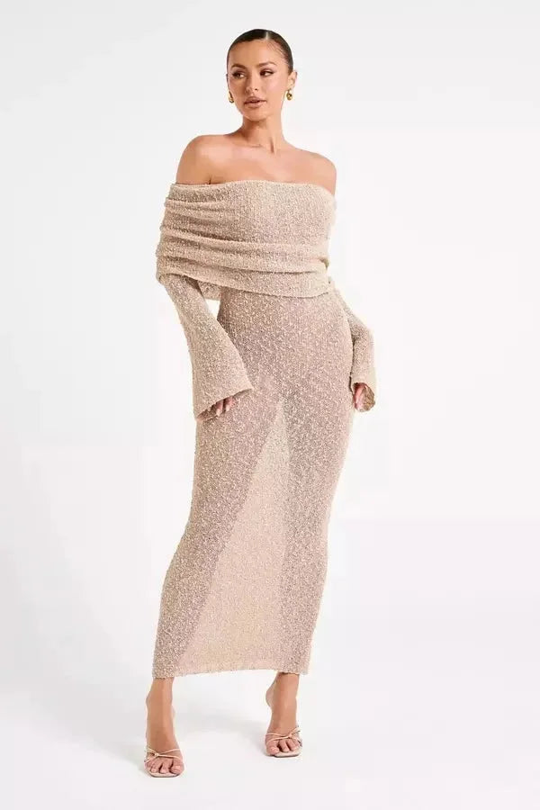 Off-shoulder dress made of soft, flowing fabric with unique, elegant sleeves - Kaori dress.