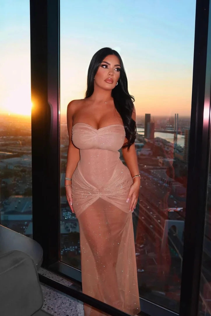 Beige maxi dress with sparkle detailing, strapless design. Ideal for special occasions, made from high-quality material.