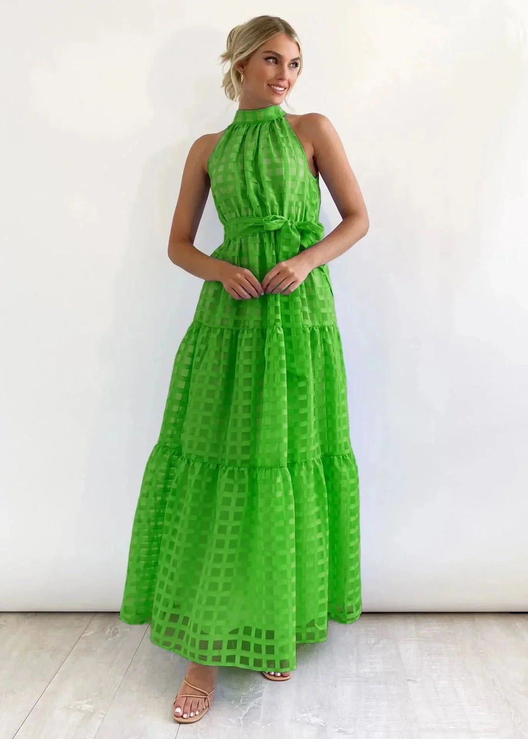 "Kamya sleeveless maxi dress with high neckline in soft cotton blend fabric, featuring elegant design perfect for any…