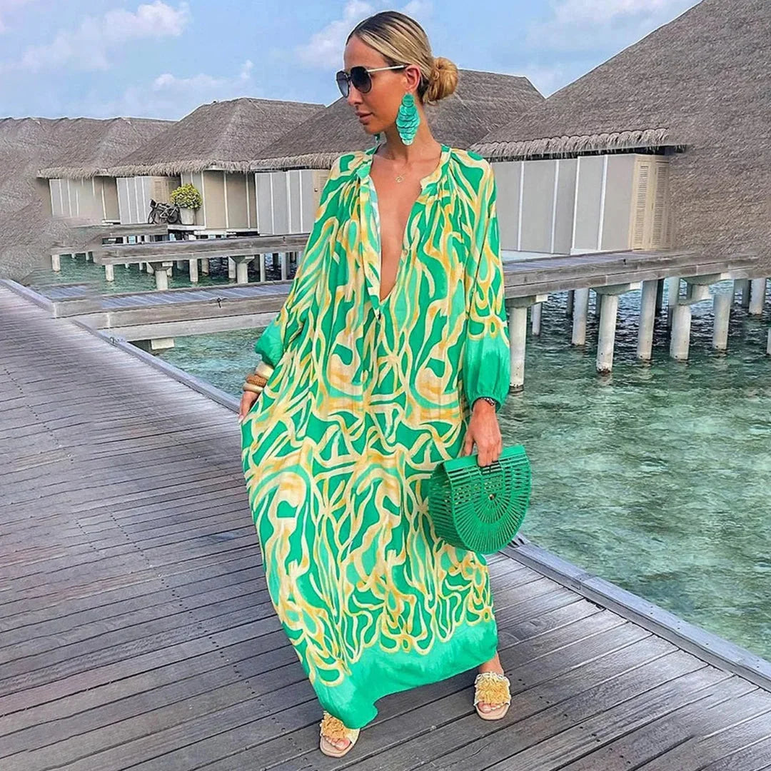 "Chiffon beach kaftan dress in a breezy design named Aleen, perfect for summer days by the water"