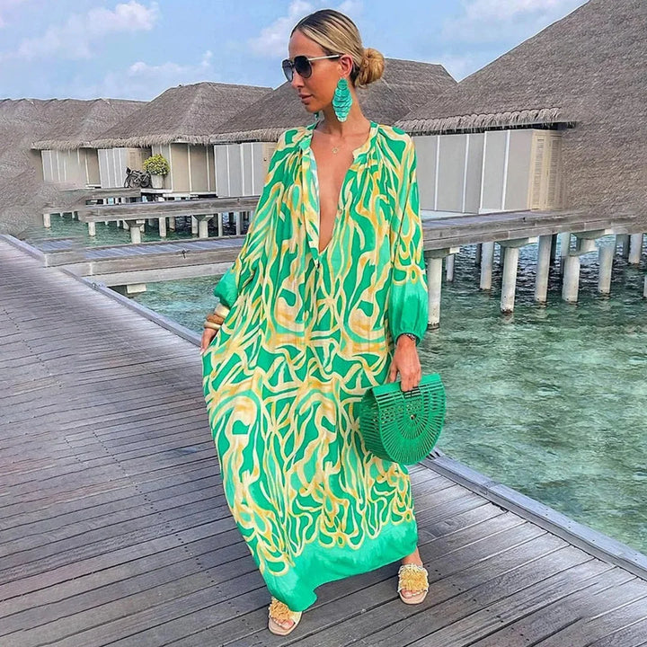 "Chiffon beach kaftan dress in a breezy design named Aleen, perfect for summer days by the water"