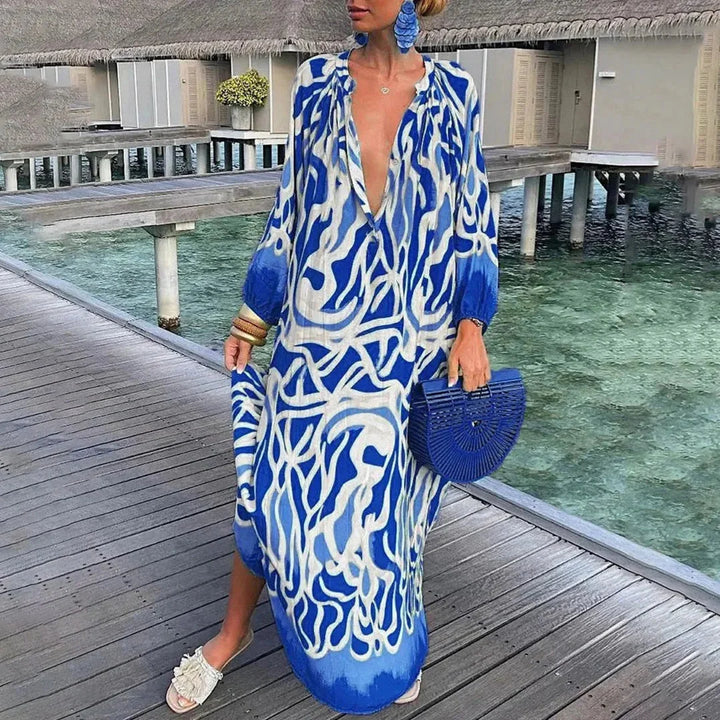 Blue chiffon beach kaftan dress by Aleen, featuring a breezy and flowing design perfect for a day by the water.
