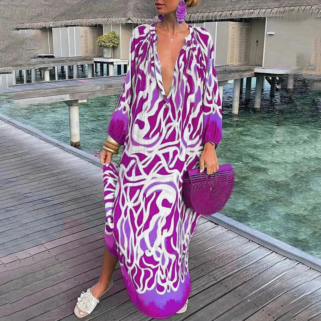 Purple chiffon beach kaftan dress by Aleen, featuring a breezy design perfect for summer days by the shore.