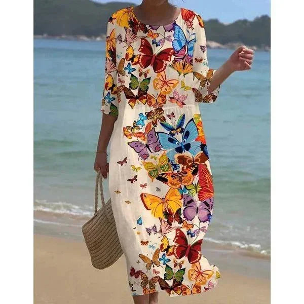 Snow - Sleeved midi floral beach dress in Butterflies design with lightweight, breezy fabric and vibrant floral print.