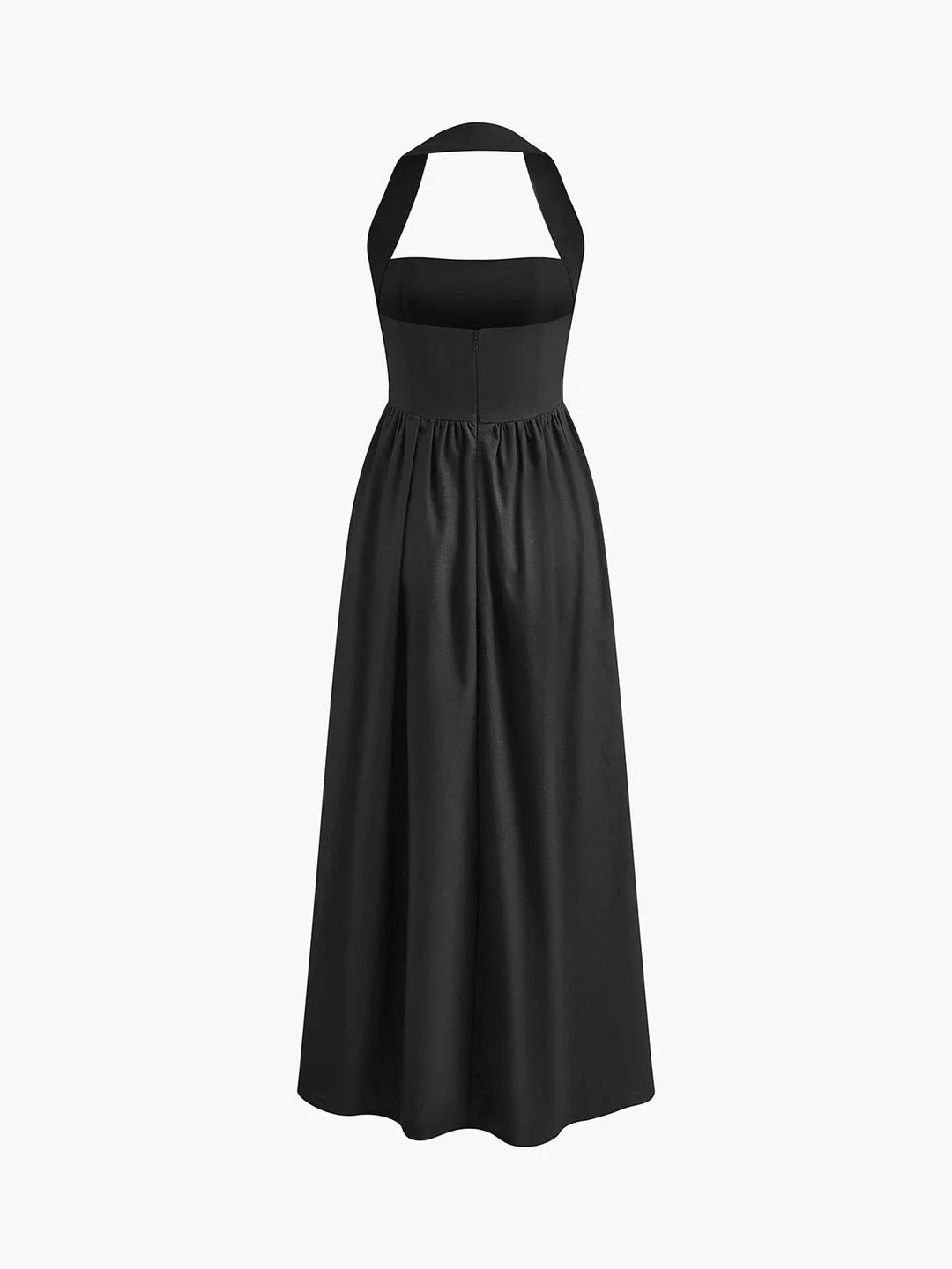 Sleeveless A-line maxi dress in Elysia style, made from flowy fabric with a floral pattern in shades of blue and white.