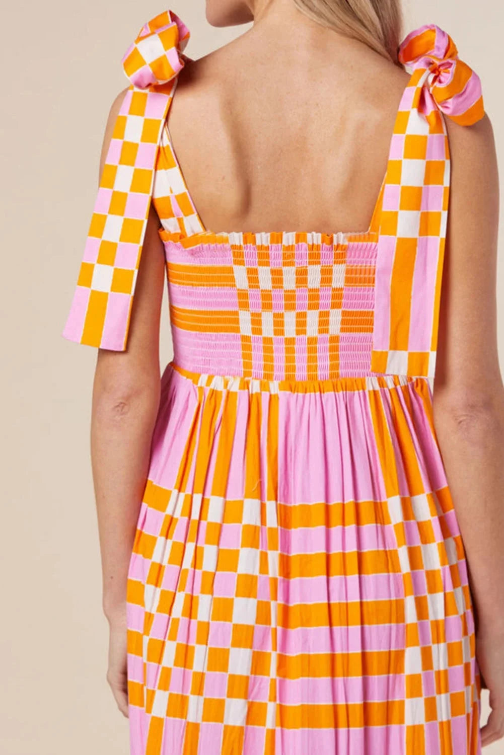"Renley maxi dress in smocked design with checkered pattern, made with breathable cotton blend fabric for a stylish and…