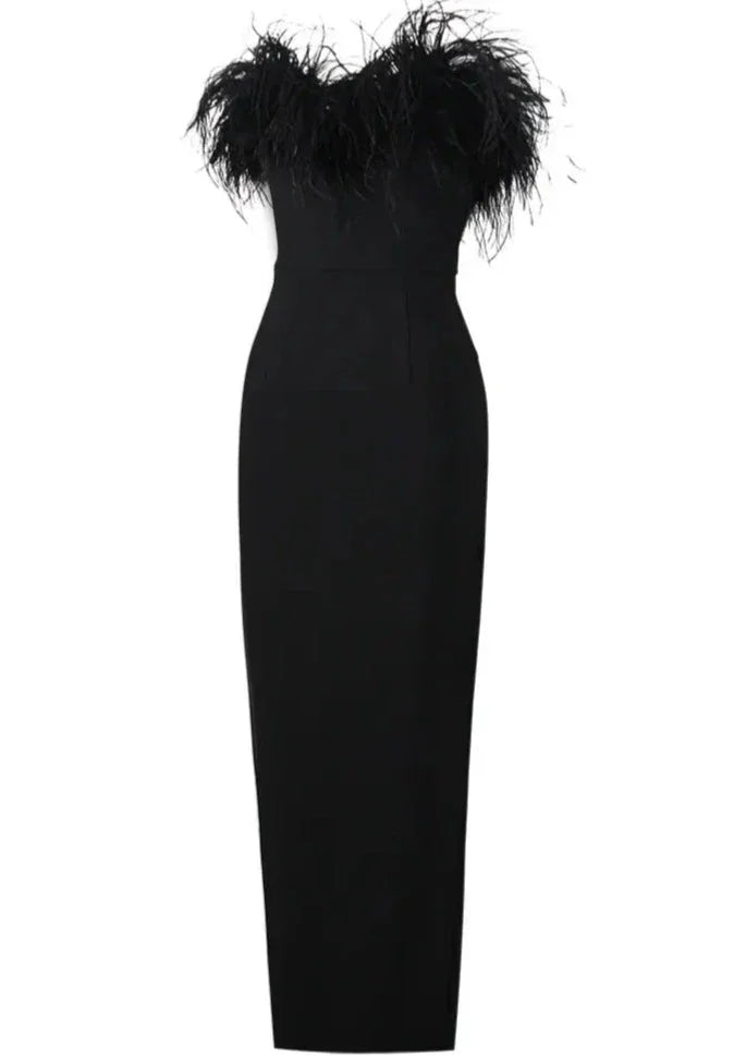 Black strapless dress with feather trim, elegant evening wear featuring a sleek silhouette and delicate feather detailing.