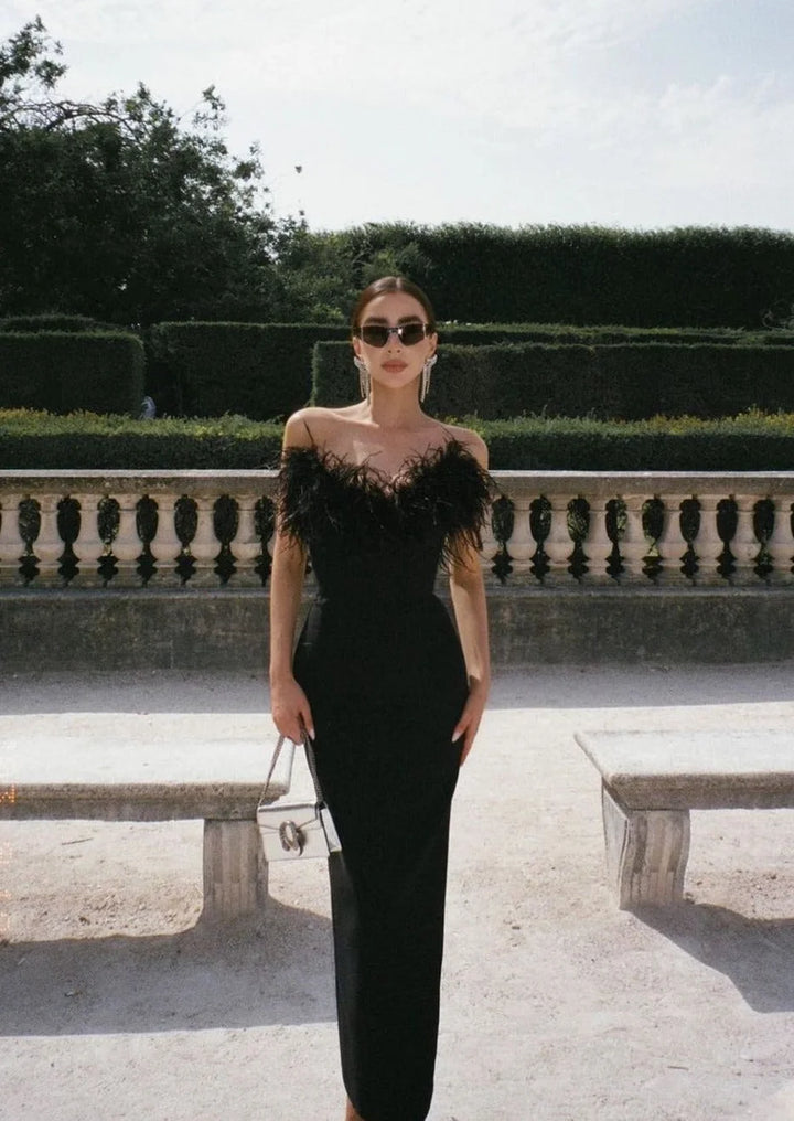 Black strapless dress with feather trim, showcasing elegant Emilly design. Made with high-quality fabric, perfect for…