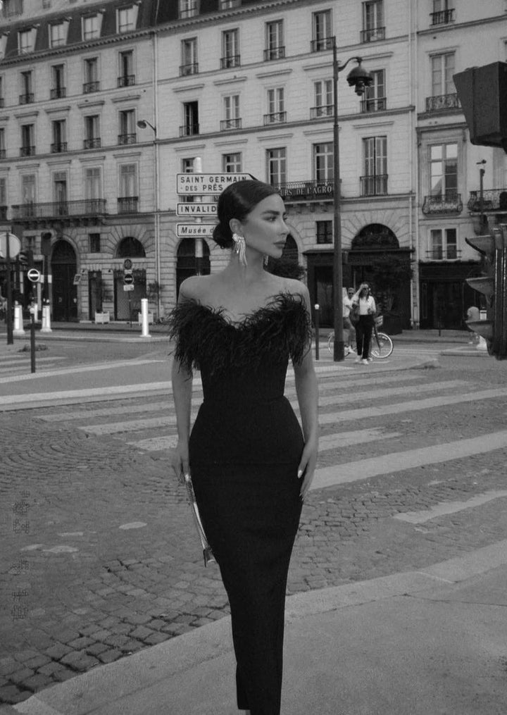 Black strapless dress with feather trim, featuring a sleek and elegant design ideal for formal occasions.