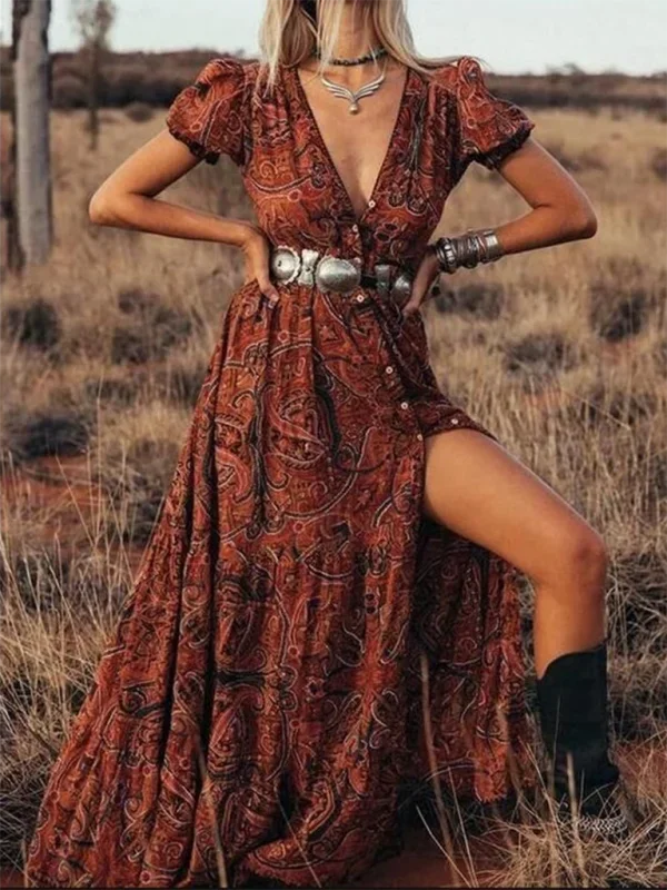 Bohemian split-front dress with flutter sleeves in soft woven fabric - Tehila.