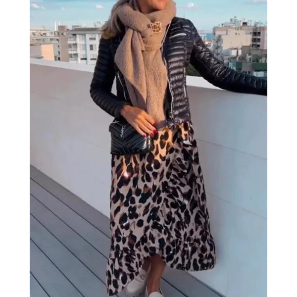"Astraea long-sleeve wrap dress with leopard print design, made in soft and comfortable fabric."