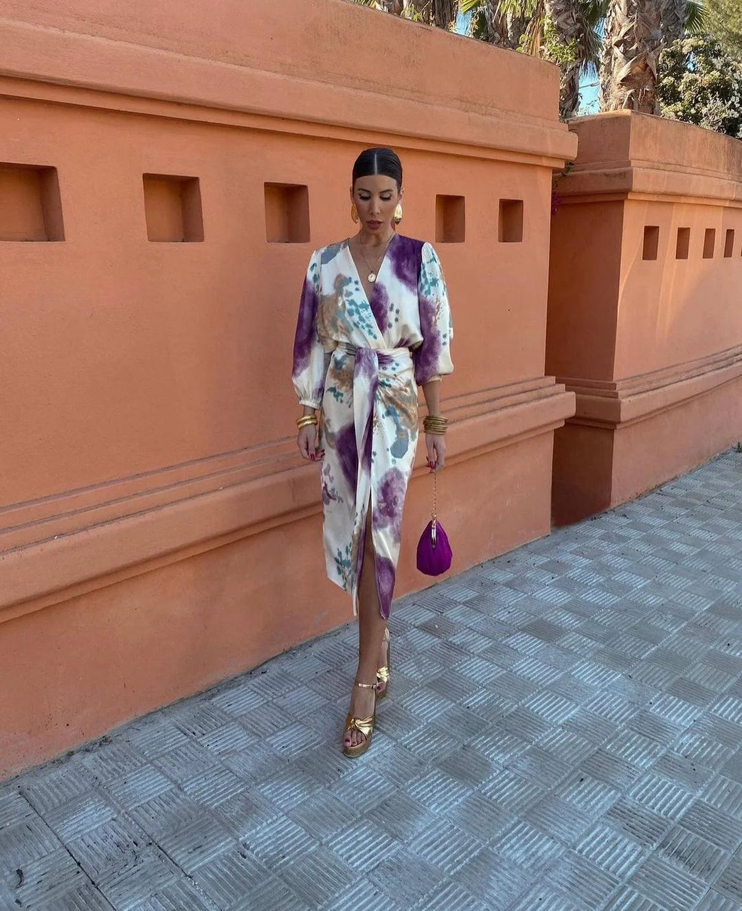 "Multicolored satin long dress with elegant design for a stylish look by Gwen"
