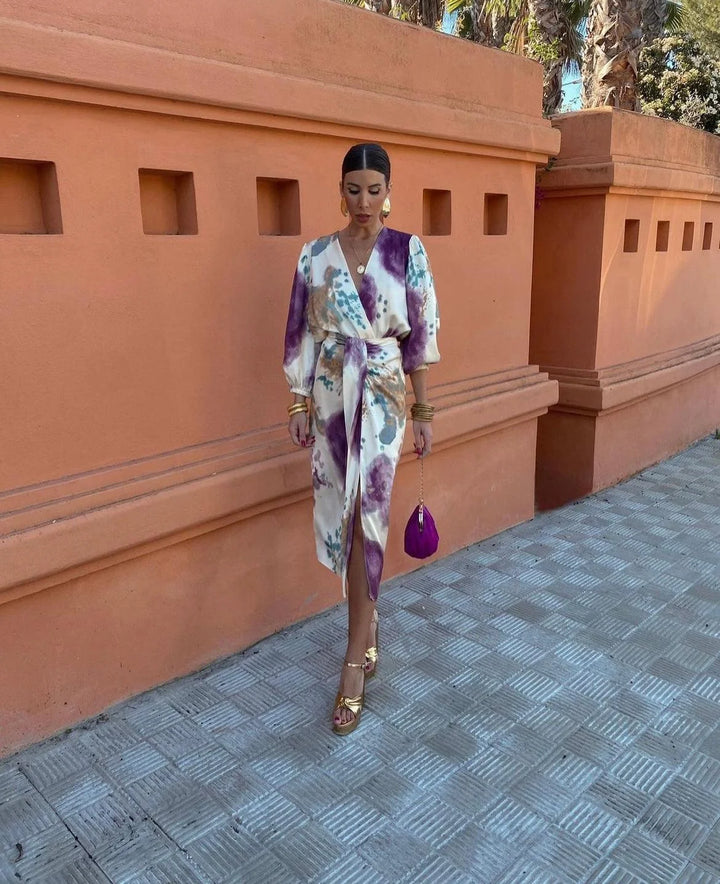 "Multicolored satin long dress with elegant design for a stylish look by Gwen"