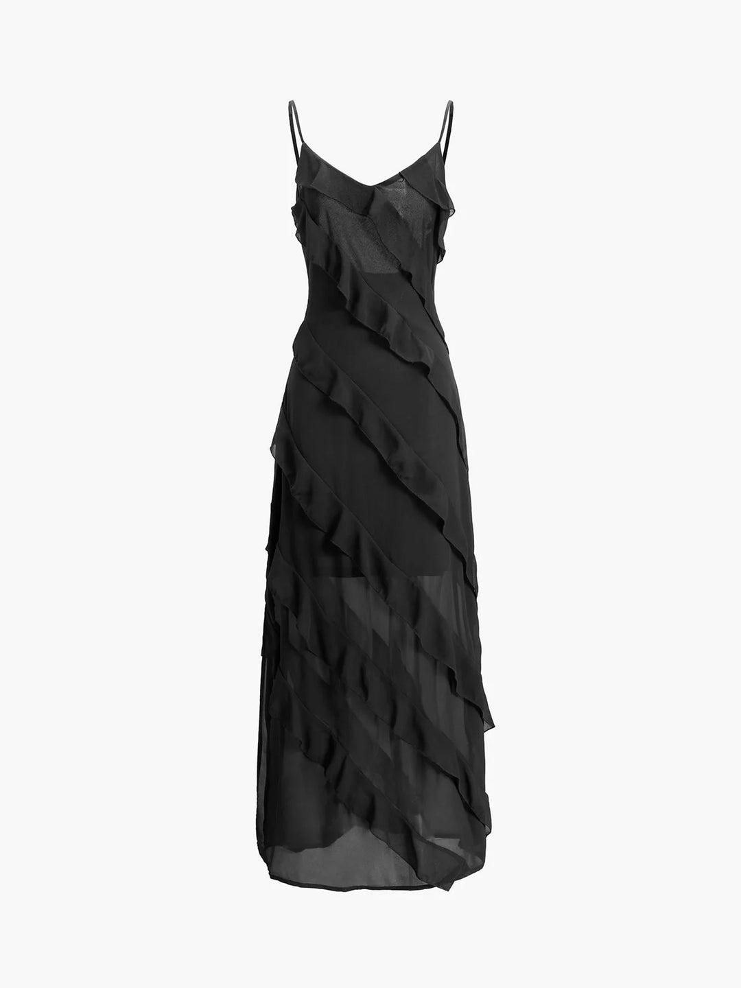 Asymmetrical strap ruffle maxi dress in Katelynn style, with flowy design and elegant detailing such as ruffles and uneven…